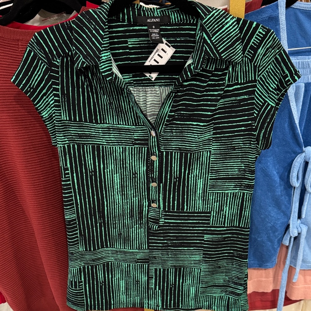 Alfani Black Polo Top with Mint Green Stripe Pattern